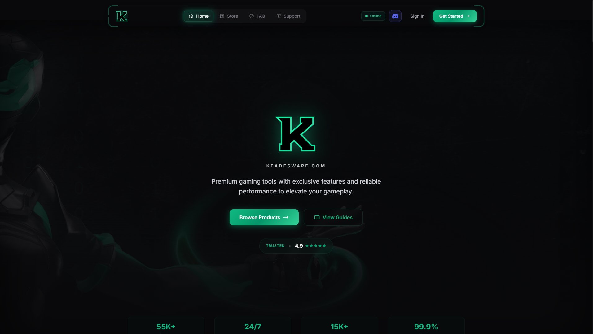Screenshot of the Keadesware gaming software platform homepage