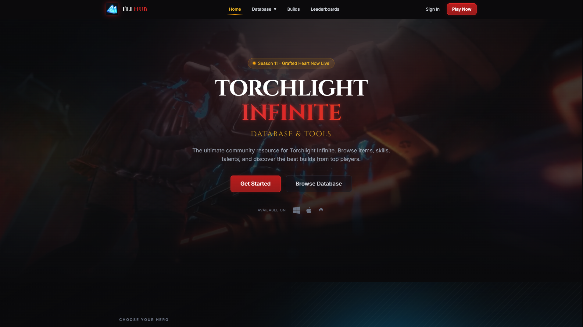 Screenshot of the TLI Hub Torchlight Infinite database homepage